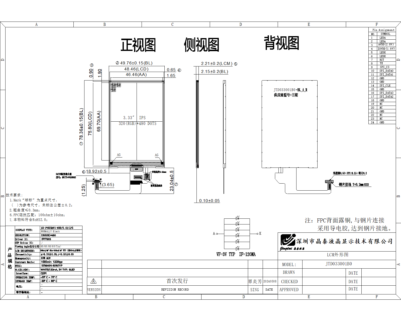 3.3 Inch IPS TFT LCD Display with 320*480 Resolution